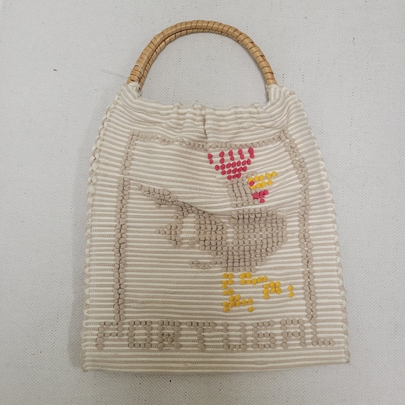 Vintage Woven Portugal Rooster Chicken Tote Bag Purse Rattan Handle Boho Ethnic - Picture 3 of 4